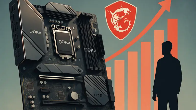 Материнская плата MSI с элементами DDR5 и DDR4, на фоне графика роста цен и логотипа компании.