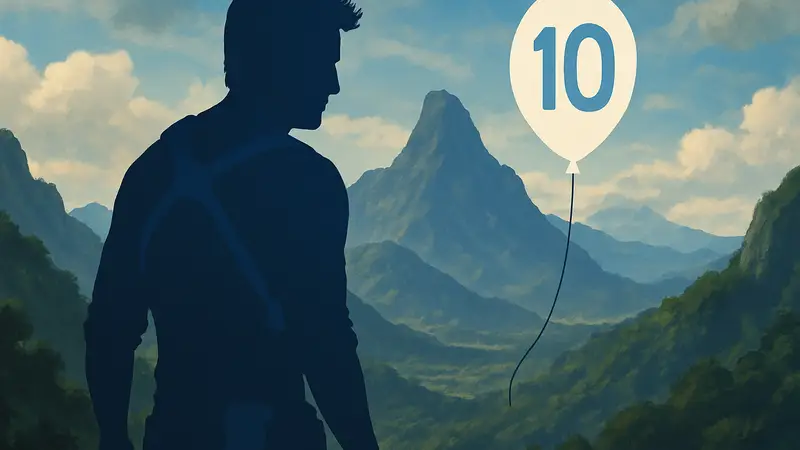 Натан Дрейк из Uncharted 4: A Thief's End на фоне гор, празднование 10-летия игры.