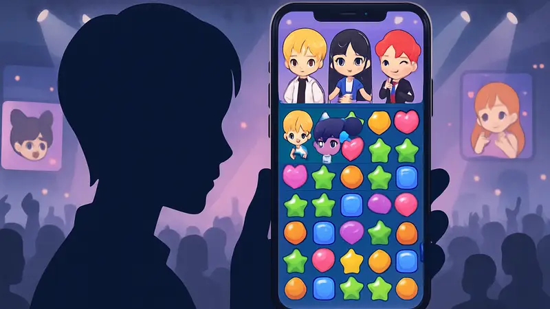 Скриншот мобильной игры SMiniz с яркими K-Pop персонажами и элементами match-3 головоломки.