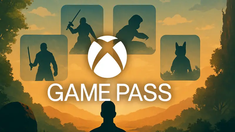 Логотип Xbox Game Pass с четырьмя значками игр на фоне, символизирующими анонсы новых игр.