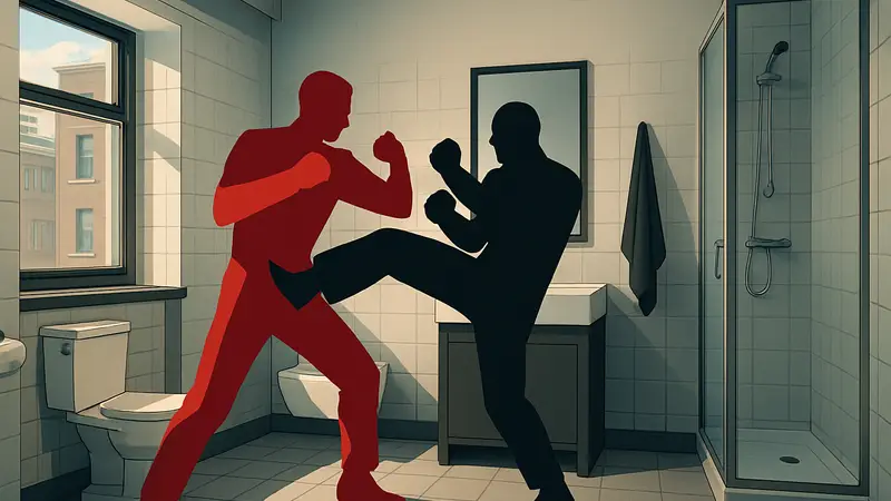 Скриншот из игры 2 Fights 2 Tight Spaces с боевой сценой в ограниченном пространстве.