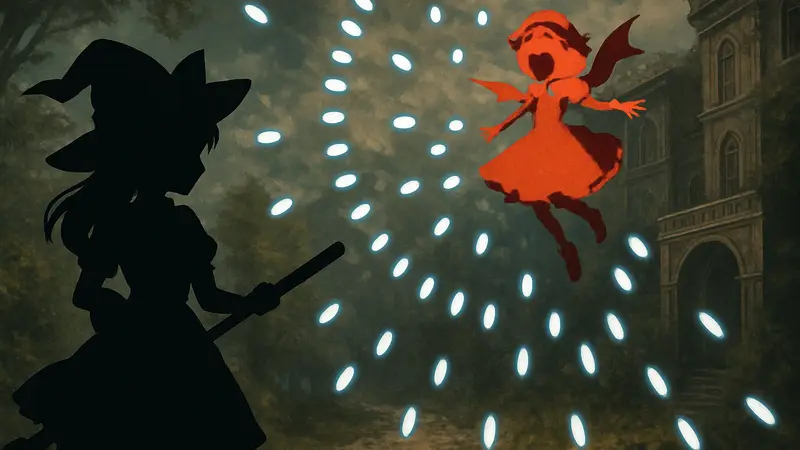 Скриншот из ремейка Touhou Scarlet Devil с героинями и элементами shmup-геймплея.