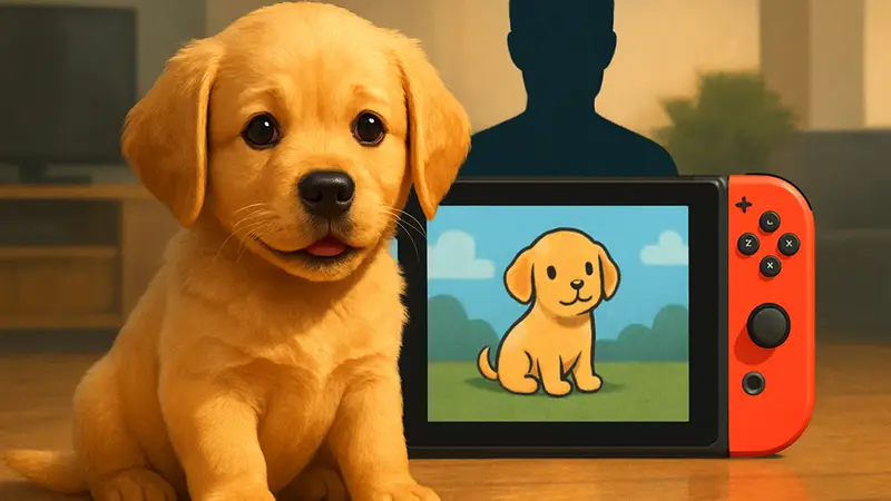 Изображение милого щенка на фоне Nintendo Switch, символизирующее новую игру My Dream Puppy.