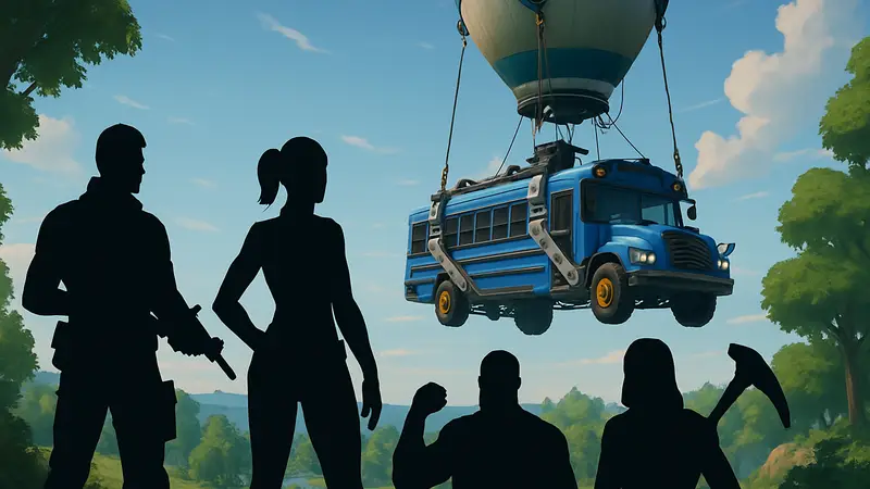 Персонажи Fortnite в режиме Zero Build на фоне боевого автобуса, готовящиеся к высадке.