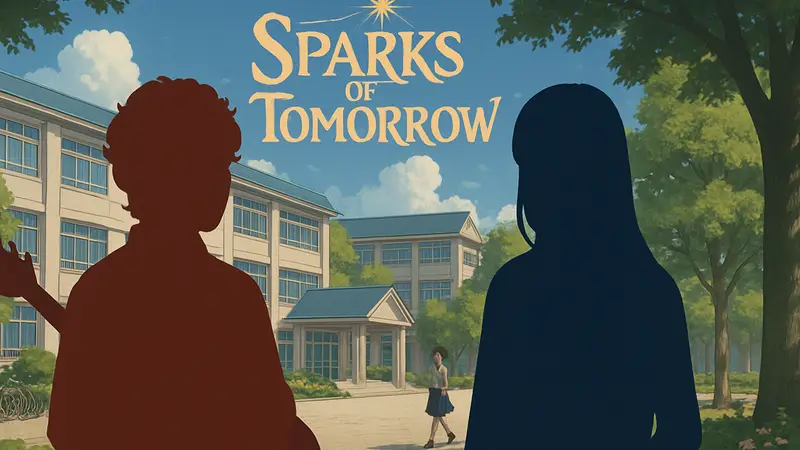Логотип аниме Kyoto Animation «Sparks of Tomorrow» с изображением артистов Ginger Root и Luna Goami.