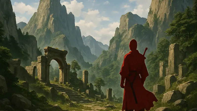 Кадр из трейлера Where Winds Meet: скалистые горы и древние руины в регионе Hidden Mountain.