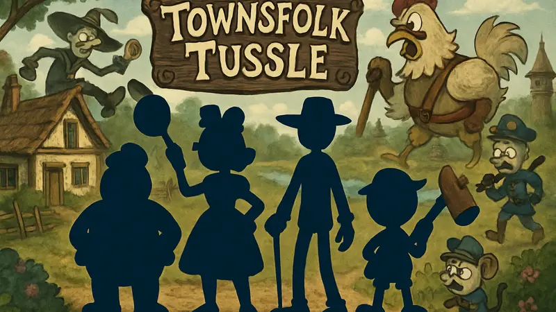 Изображение настольной игры Townsfolk Tussle, демонстрирующее её абсурдный стиль и персонажей