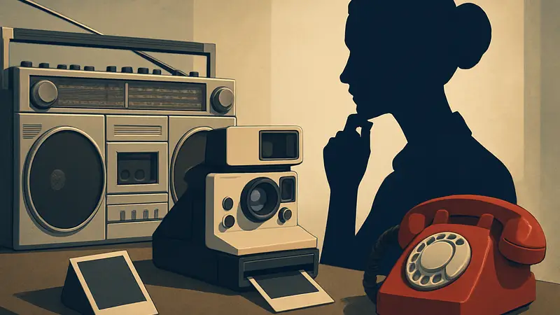 Коллаж из старых и новых моделей ретро-техники: бумбокс, полароид, дисковый телефон