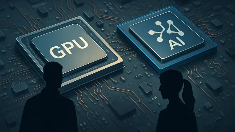 Изображение чипов GPU и специализированных ИИ-чипов на плате, символизирующее инвестиции и развитие технологий.