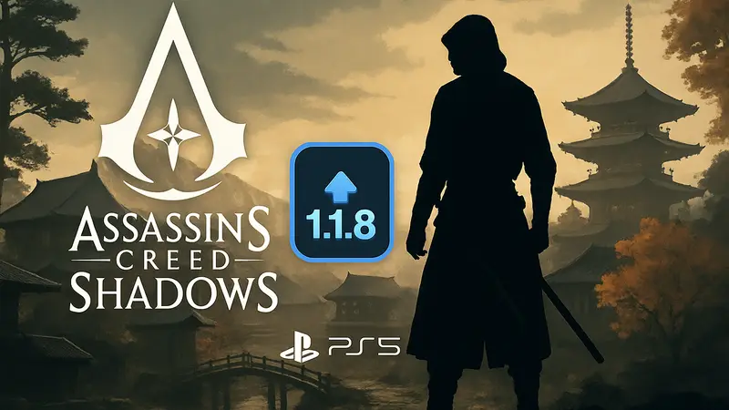 Логотип Assassin's Creed Shadows и значок обновления 1.1.8 для PlayStation 5.