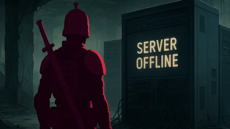 Персонаж из Let it Die на фоне отключения серверов, символизирующий конец онлайн-функций игры.