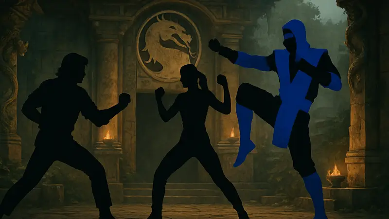 Кадр из фильма Mortal Kombat 1995 года, изображающий главных героев в бою