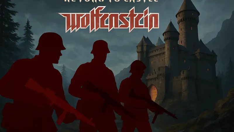 Скриншот или обложка Return to Castle Wolfenstein с солдатами и замком, демонстрирующая эксклюзивные уровни на ПК.