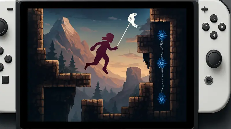 Скриншот TetherGeist на Nintendo Switch, демонстрирующий платформерные элементы