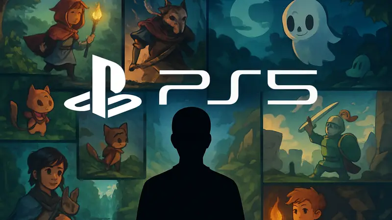 Логотип PlayStation 5 на фоне ярких обложек инди-игр, подчеркивающий разнообразие жанров.