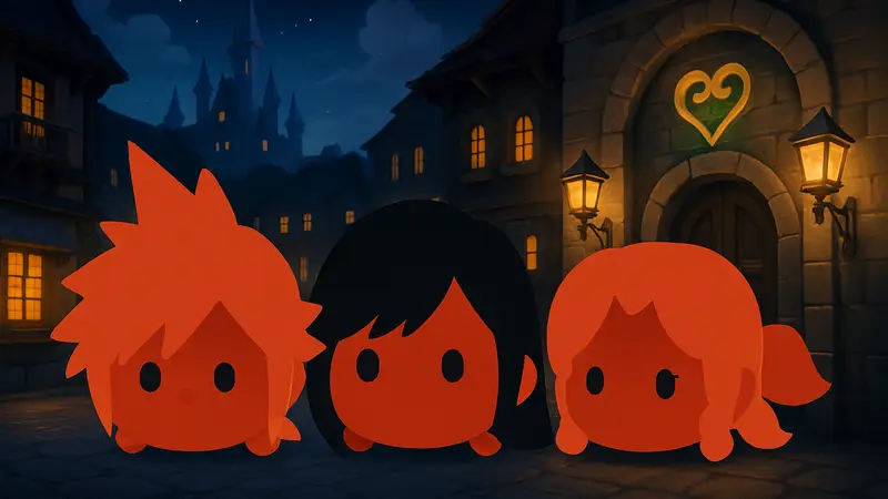 Изображения чиби-версий Клауда, Тифы и Аэрис из FFVII в стиле Tsum Tsum для мобильной игры.