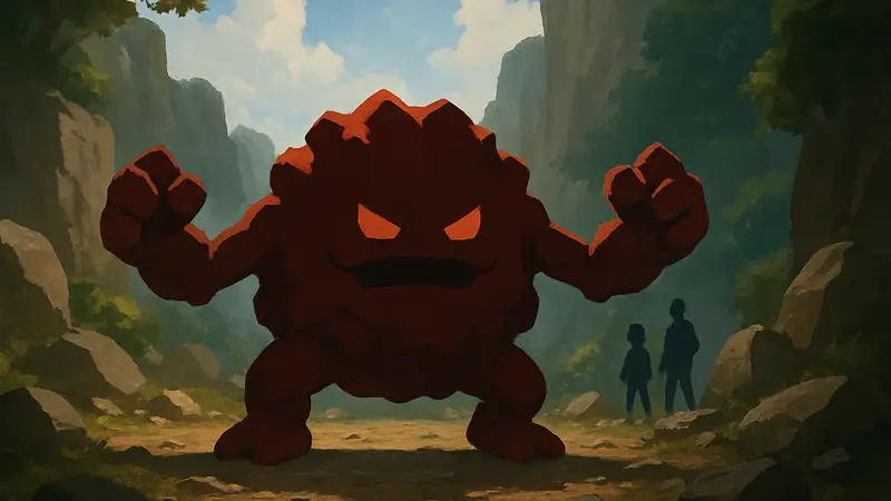 Изображение покемона Грейвелер, каменного существа с четырьмя руками, готового к бою.