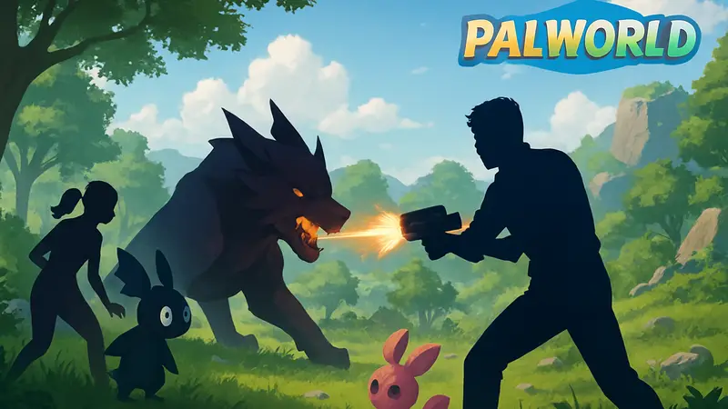 Скриншот из игры Voidling Bound с существами и перестрелкой, логотип Palworld для сравнения