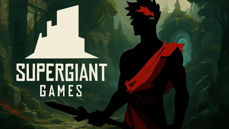 Персонаж Загрей из Hades 2 на фоне логотипа Supergiant Games и фанатского мода.