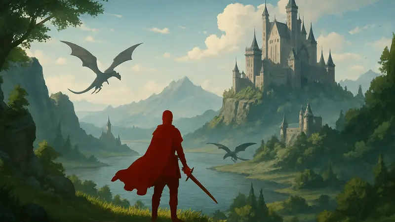 Фэнтезийный пейзаж с героем RPG, исследующим магический мир с драконами и замками.