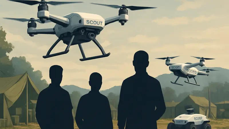 Изображение дронов Scout AI, управляемых ИИ, в военном тренировочном лагере.