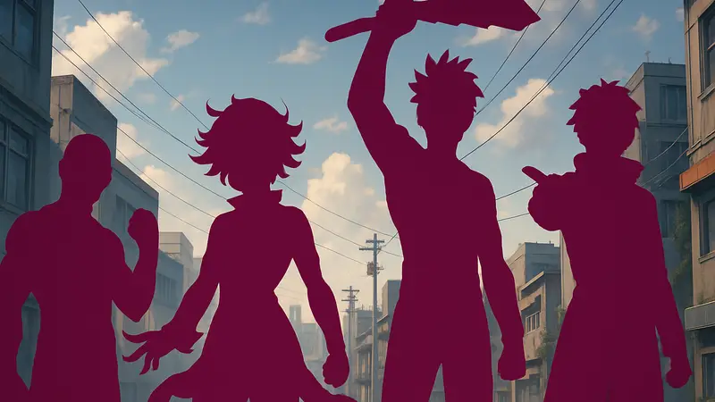 Герои B-класса из аниме One-Punch Man, стоящие в ряд, демонстрируя свои уникальные способности.