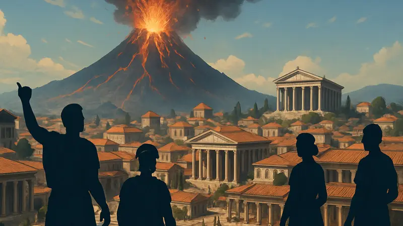 Скриншот Anno 117: римский город на фоне извергающегося вулкана