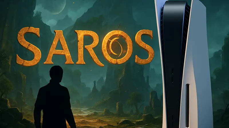 Логотип игры Saros на фоне PlayStation 5