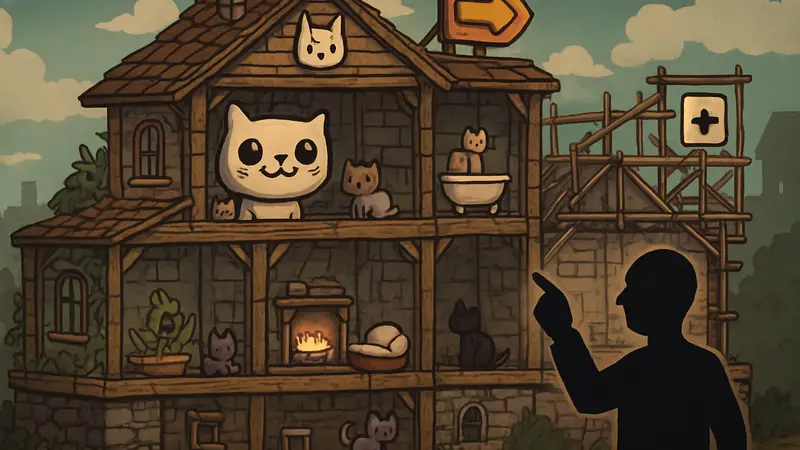 Скриншот игрового дома в Mewgenics с элементами улучшения и расширения.