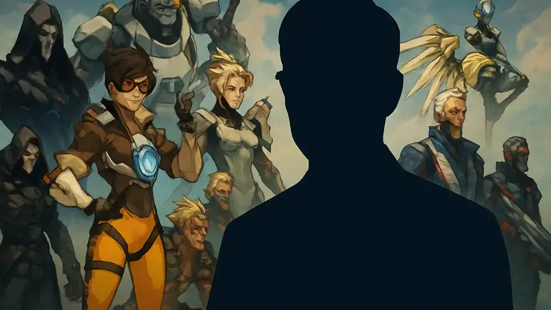 Генеральный менеджер Overwatch Уолтер Конг обсуждает анимационный сериал на фоне арта персонажей игры.