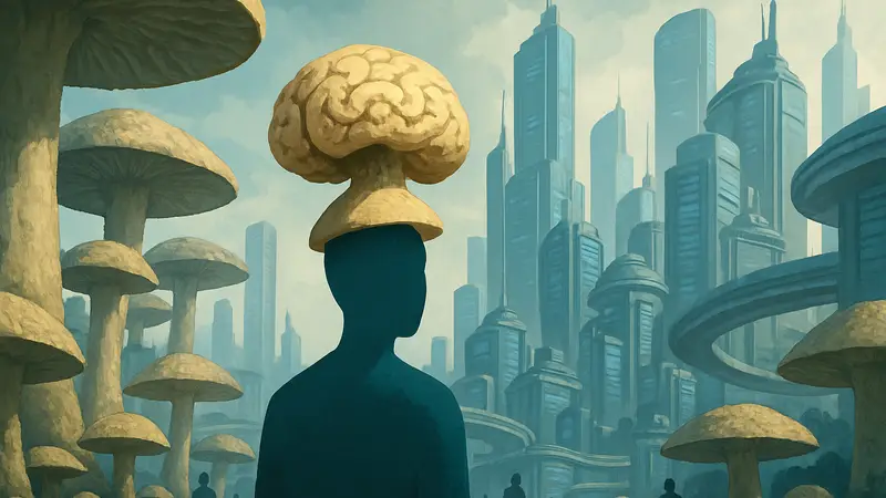 Изображение концепт-арта игры Signet City, демонстрирующее грибные элементы и футуристический городской пейзаж.