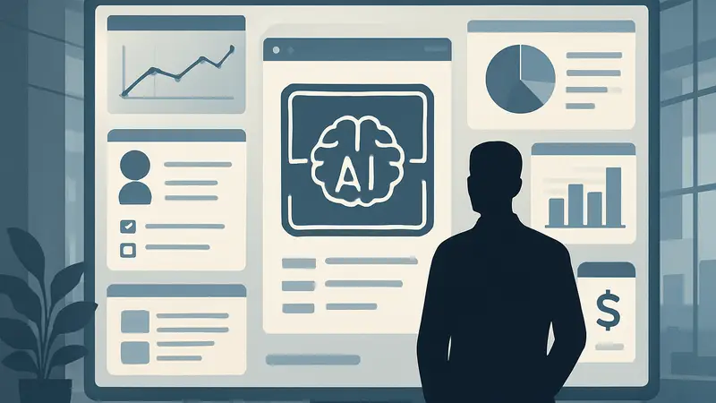 Изображение, символизирующее ИИ-операционную систему для бизнеса, с элементами пользовательского интерфейса.