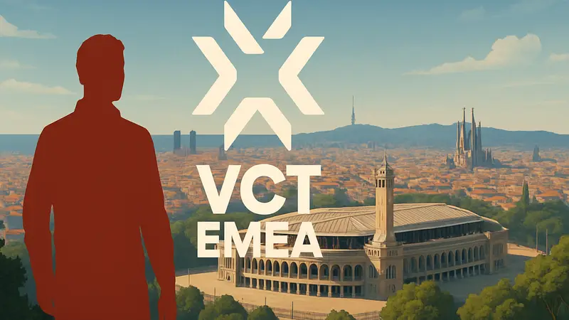 Логотип VCT EMEA на фоне видов Барселоны и стадиона Olímpic Arena, места проведения финала.