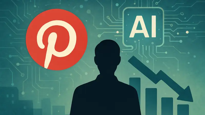 Логотип Pinterest и символы искусственного интеллекта, показывающие снижение затрат