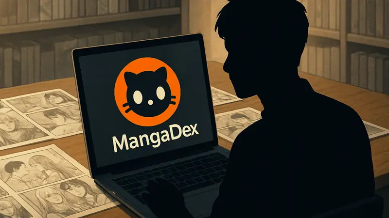 Логотип MangaDex на фоне манги и ноутбука, символизирующий изменения в цифровом сервисе.
