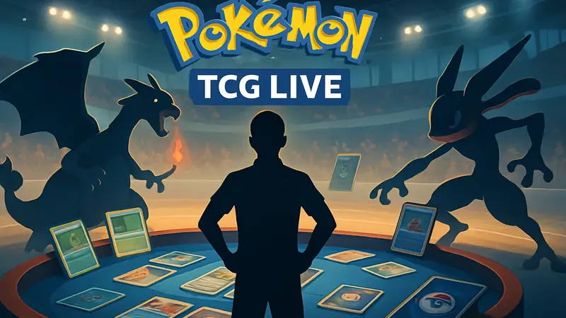 Логотип Pokemon TCG Live на фоне игровой арены с покемонами и карточками.