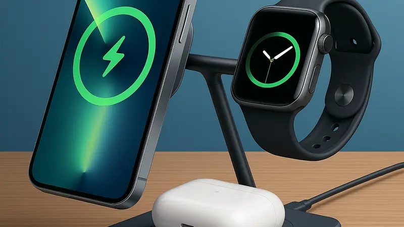 Изображение складной беспроводной зарядной станции Anker MagGo 3-в-1 с iPhone и Apple Watch