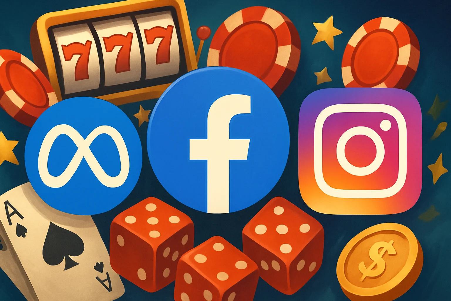 Изображение логотипов Meta, Facebook и Instagram на фоне символов казино, олицетворяющих рекламу азартных игр.