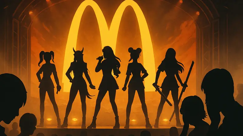 Группа KPop Demon Hunters выступает на фоне логотипа McDonald's, вызывая разочарование у фанатов