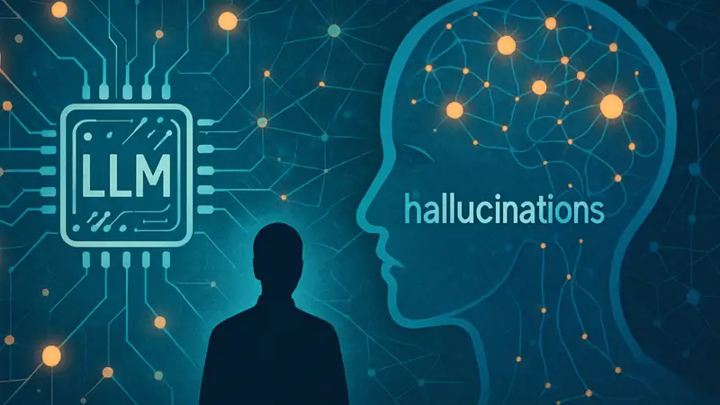 Изображение нейронной сети или абстрактной визуализации ИИ с ключевыми терминами вроде LLM и 'hallucinations'.