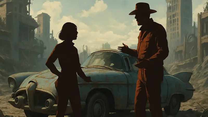 Люси Маклин и Хэнк из второго сезона сериала Fallout рядом с автомобилем, обсуждающие его важность для игр.