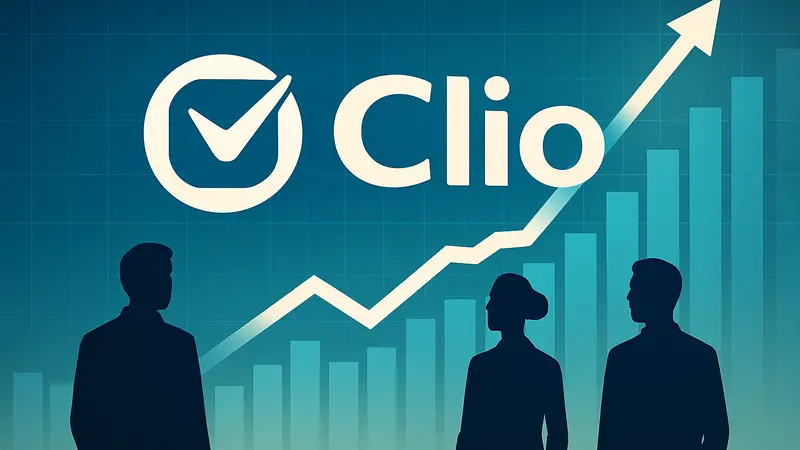 Логотип Clio на фоне графиков роста доходов, символизирующих успех в Legal tech индустрии