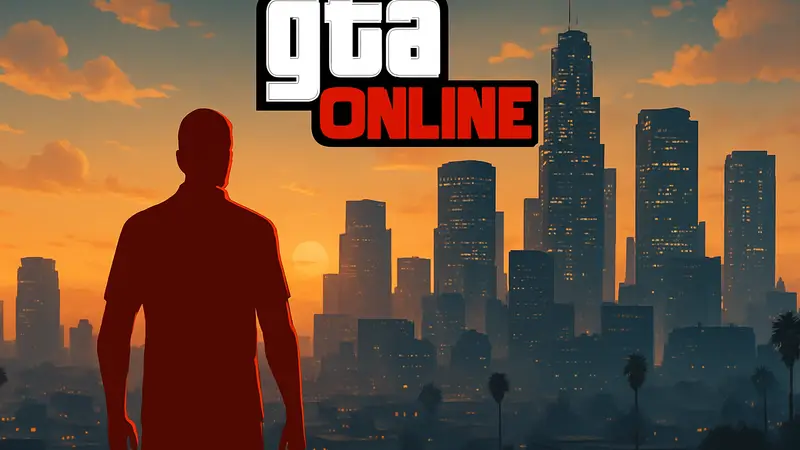 Логотип GTA Online на фоне небоскребов Лос-Сантоса с намеком на новое летнее обновление.