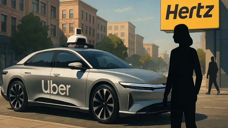 Роботакси Lucid Motors с логотипом Uber на улице, рядом логотипы Hertz