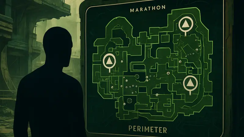 Фрагмент интерактивной карты из игры Marathon, показывающий локацию Perimeter с отмеченными точками