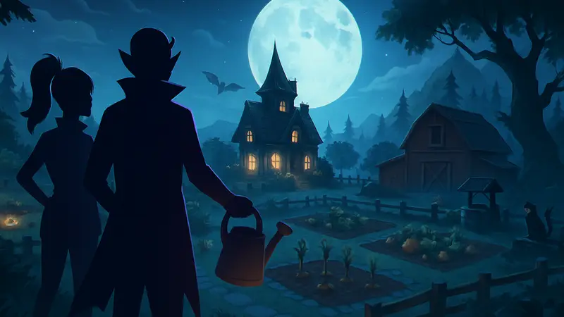 Скриншот из игры Moonlight Peaks с персонажами и элементами фермы на фоне мистического пейзажа.