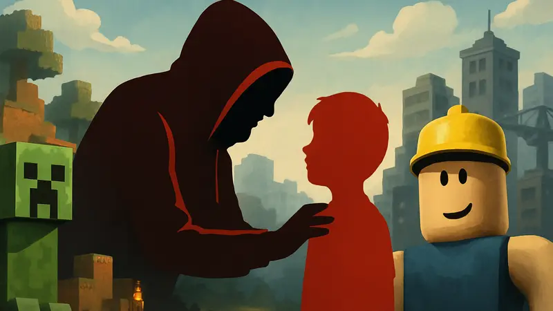 Изображения персонажей Minecraft и Roblox, символизирующие опасность вербовки детей киберпреступниками в онлайн-играх.