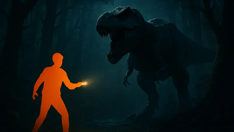 Обложка или скриншот игры Wilderdark с динозавром в тёмном лесу, символизирующий хоррор и выживание.