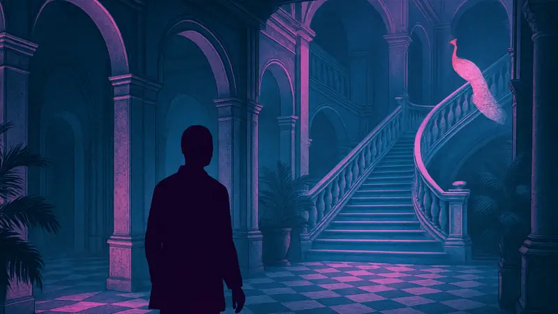 Атмосферный арт из инди-игры «The Dreams in the Peacock House» с элементами Vaporwave