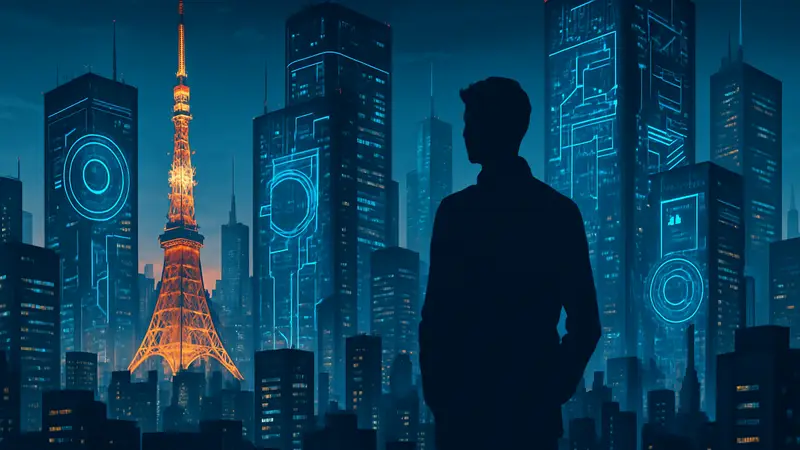 Футуристический Токио с небоскребами, подсвеченными технологическими проекциями.